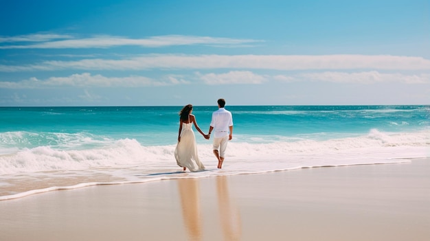 una joven pareja feliz en una playa tropical