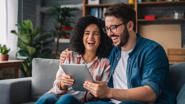 Foto una joven pareja feliz riendo mientras ve algo gracioso en el touchpad en casa