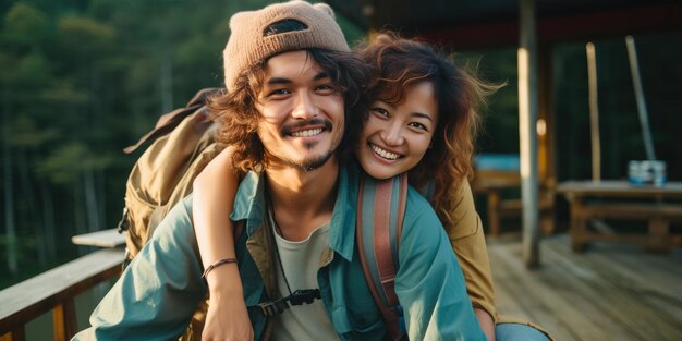 una joven pareja feliz en viajes generativos de IA