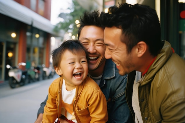 Foto una joven pareja gay lgbtq asiática jugando y sonriendo con un niño adoptado afuera.