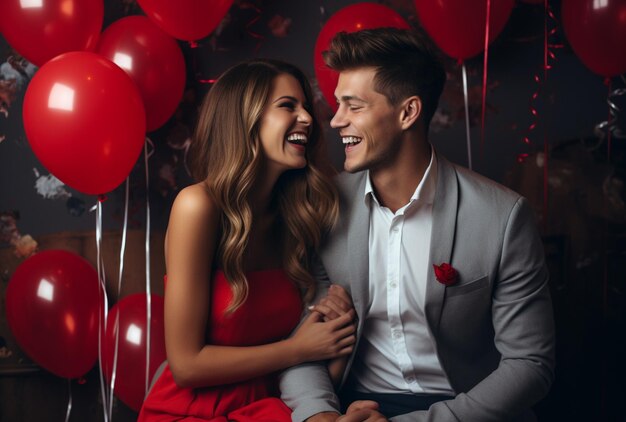 Foto una joven pareja con globos