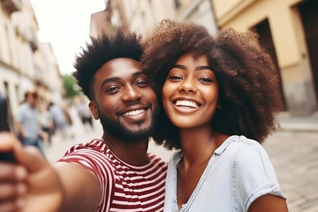 Una joven pareja se hace una selfie mientras está de vacaciones en la ciudad.