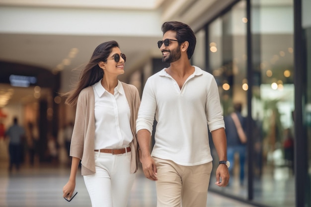 Joven pareja india caminando juntos en el centro comercial