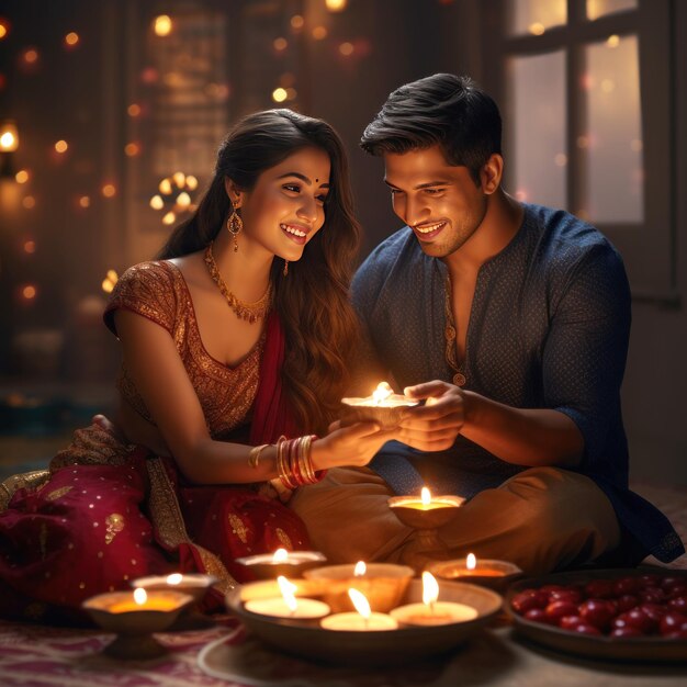 Una joven pareja india celebra el festival de Diwali juntos en casa.