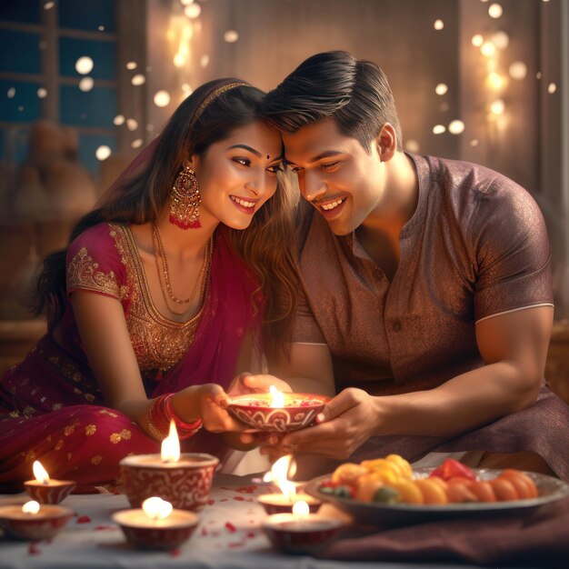 Una joven pareja india celebra el festival de Diwali juntos en casa.