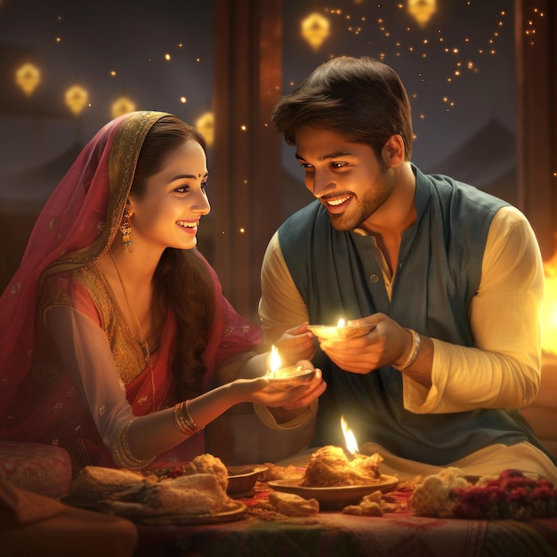 Una joven pareja india celebra el festival de Diwali juntos en casa.
