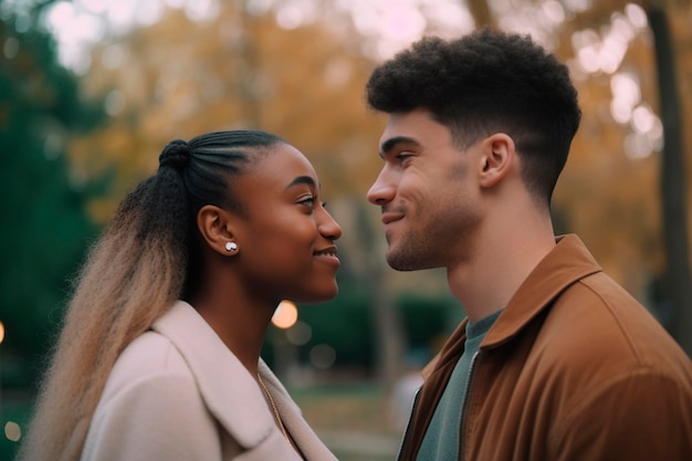 Joven pareja interracial en el parque generada por IA