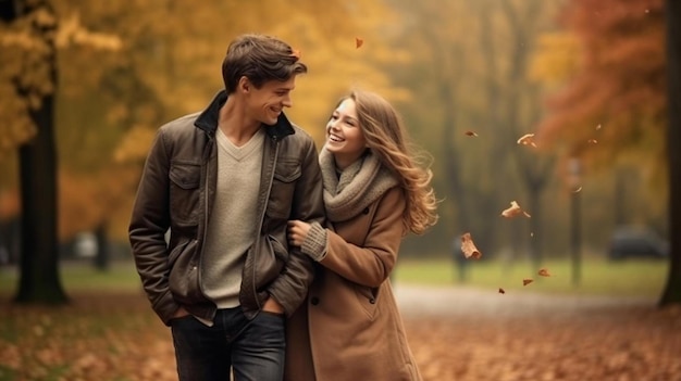 una joven pareja juntos en un parque de otoño