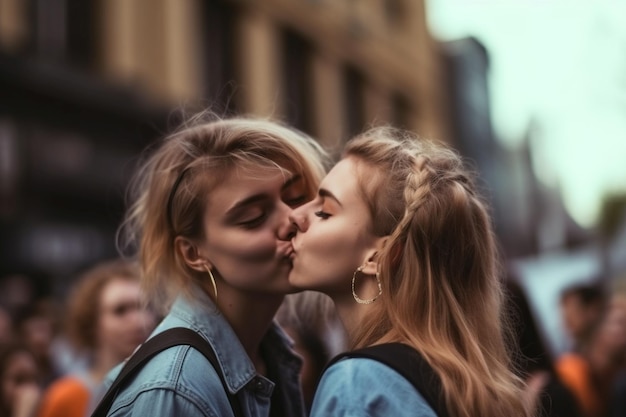 Una joven pareja de lesbianas besándose en medio de la multitud celebrando el día del orgullo