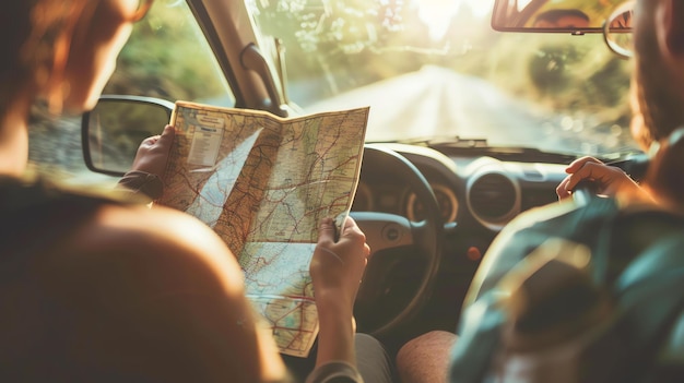 Foto la joven pareja está mirando el mapa mientras está sentada en el coche están planeando su aventura de viaje por carretera el sol está brillando por la ventana