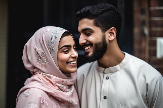 Una joven pareja musulmana sonriendo y siendo afectuosa entre sí creada con IA generativa