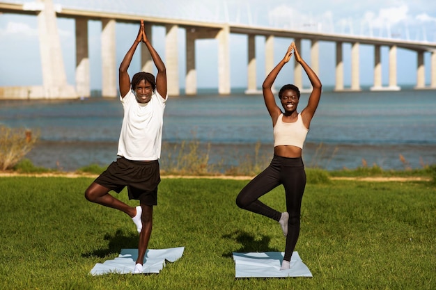 Una joven pareja negra deportiva practicando yoga juntos al aire libre