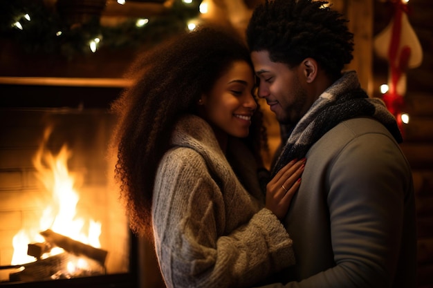 Una joven pareja negra feliz abrazándose cerca de la chimenea en una cabaña de invierno en el bosque.