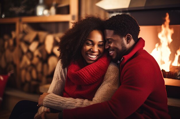 Una joven pareja negra feliz abrazándose cerca de la chimenea en una cabaña de invierno en el bosque.