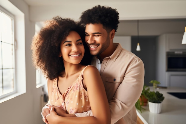 Joven pareja negra feliz casada en su nuevo hogar después de mudarse Jóvenes alegres abrazándose en una nueva casa o apartamento Nuevos propietarios Propiedad de alquiler hipotecario