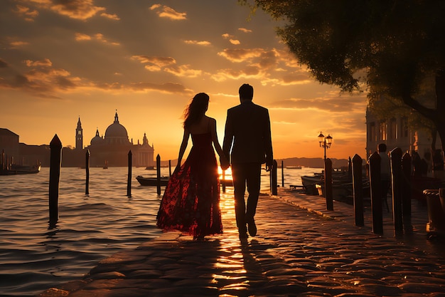 Una joven pareja pasa una cita romántica en Venecia.