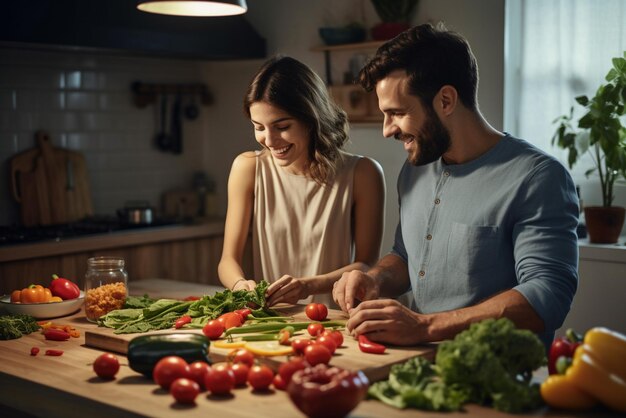 Foto una joven pareja está preparando verduras en una cocina