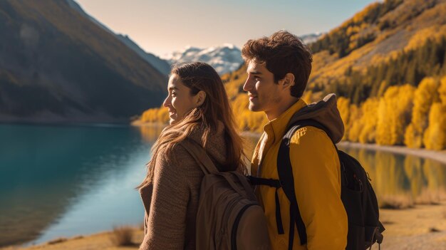 Joven pareja de turistas relajándose con el telón de fondo de las montañas y el lago Creado con tecnología de IA generativa