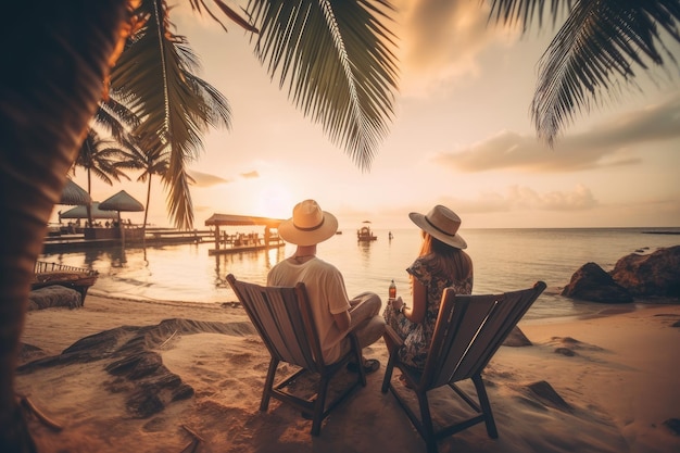 Una joven pareja de viajeros se relaja y disfruta de la belleza de la puesta de sol en un resort tropical durante sus vacaciones de verano IA generativa