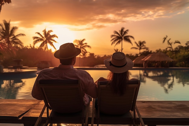 Una joven pareja de viajeros relajándose y disfrutando de la puesta de sol