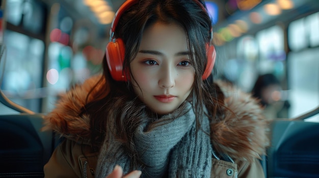 Joven pasajera asiática y escucha música usando su teléfono móvil en el estilo de vida del metro