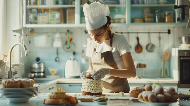 una joven pastelera prepara un pastel en una amplia cocina