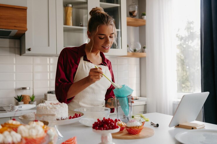 Foto una joven pastelera sonriente preparando crema batida mientras hace un pastel en la cocina doméstica