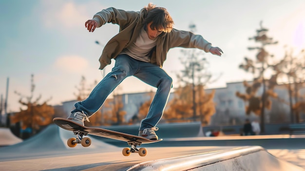 Foto joven patinador en el aire capturado en una toma de acción de patinaje dinámica y elegante