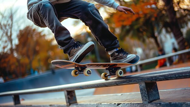 Foto joven patinador haciendo un tobogán en un carril