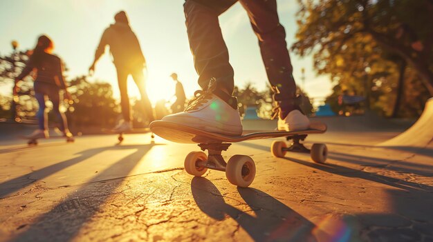 Foto un joven patinador monta su patineta en un parque de skate el sol se está poniendo y el cielo es de un naranja brillante