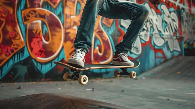 Joven patinador saltando por una rampa en un parque de patinaje Graffiti en la pared en el fondo