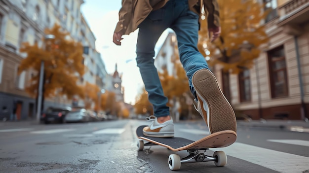 Un joven patinando en una calle de la ciudad con el fondo borroso