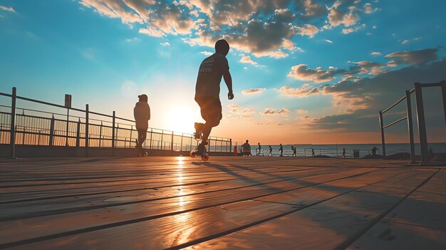 Un joven patinando en un paseo marítimo al atardecer el sol se está poniendo detrás de él y el cielo es de un naranja brillante