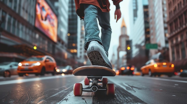 Un joven en patineta por una concurrida calle de la ciudad