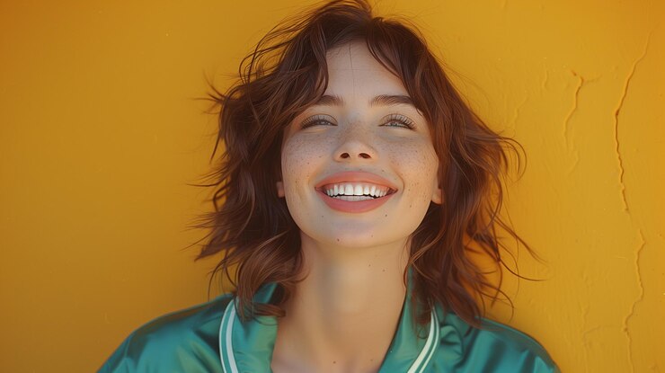 Una joven pelirroja sonriendo en un fondo naranja