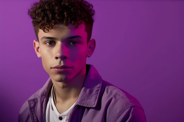 Un joven de pelo rizado viste una camiseta morada y una camiseta blanca.