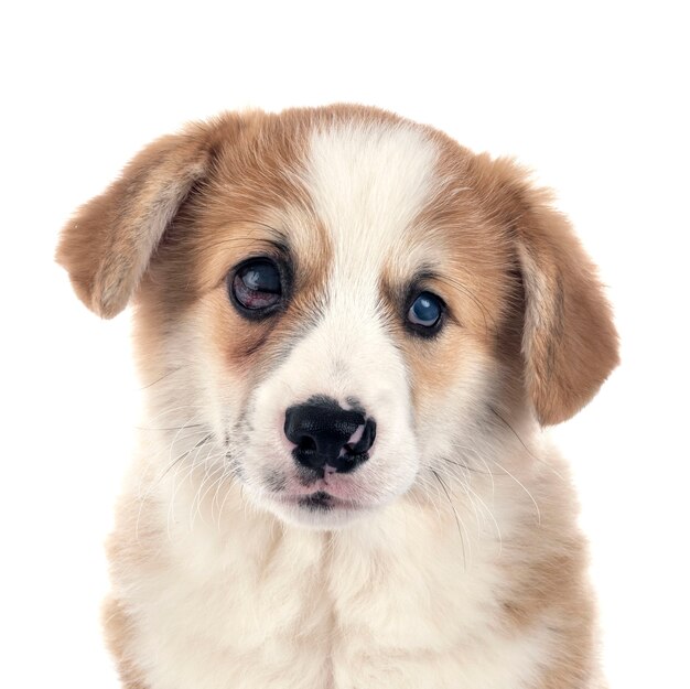 Joven Pembroke Welsh Corgi aislado en blanco