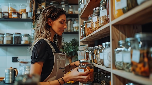Foto una joven pensativa que lleva un delantal examina un frasco de pasta mientras hace compras en una tienda de alimentos a granel