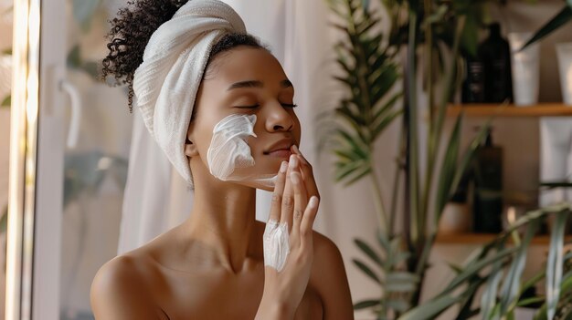 Una joven pensativa con una toalla blanca en la cabeza se aplica suavemente una crema facial natural en la cara