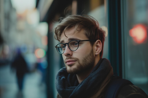 Un joven pensativo con gafas en un entorno urbano