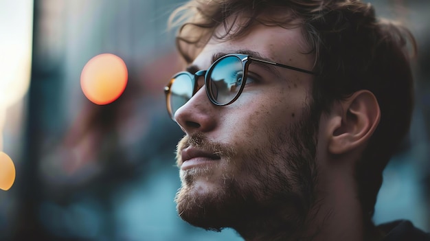 Un joven pensativo con gafas mirando hacia otro lado.