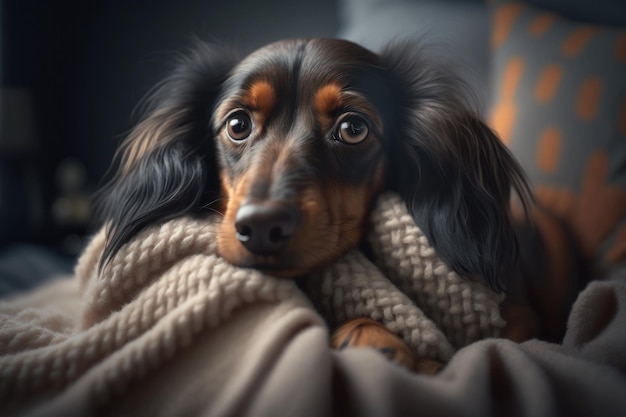 Un joven perro Dachshund debajo de una manta La mascota está disfrutando bajo la tela escocesa IA generativa