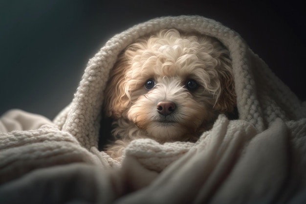 Un joven perro Maltipoo debajo de una manta La mascota disfruta bajo el plaid IA generativa