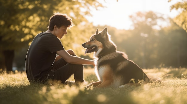 Joven con perro sentado en la luz del sol del parque IA generativa AIG20