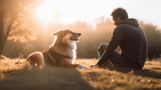 Joven con perro sentado en la luz del sol del parque IA generativa AIG20