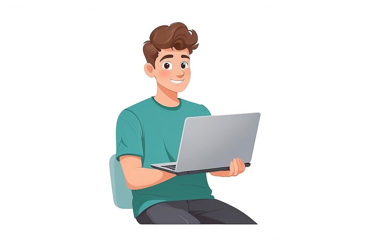 Foto joven personaje de dibujos animados que sostiene usando una computadora portátil pc concepto de tecnología de computadoras portátiles ilustración vectorial plana aislada sobre fondo blanco