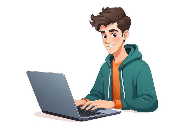 Foto joven personaje de dibujos animados que sostiene usando una computadora portátil pc concepto de tecnología de computadoras portátiles ilustración vectorial plana aislada sobre fondo blanco