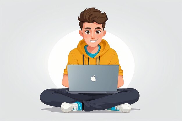 Joven personaje de dibujos animados que sostiene usando una computadora portátil PC Concepto de tecnología de computadoras portátiles Ilustración vectorial plana aislada sobre fondo blanco