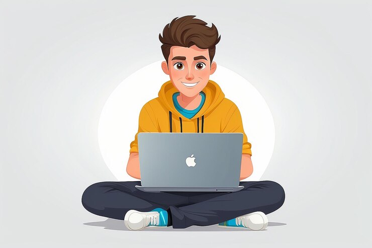 Foto joven personaje de dibujos animados que sostiene usando una computadora portátil pc concepto de tecnología de computadoras portátiles ilustración vectorial plana aislada sobre fondo blanco