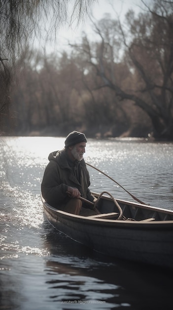 joven pescador en canoa